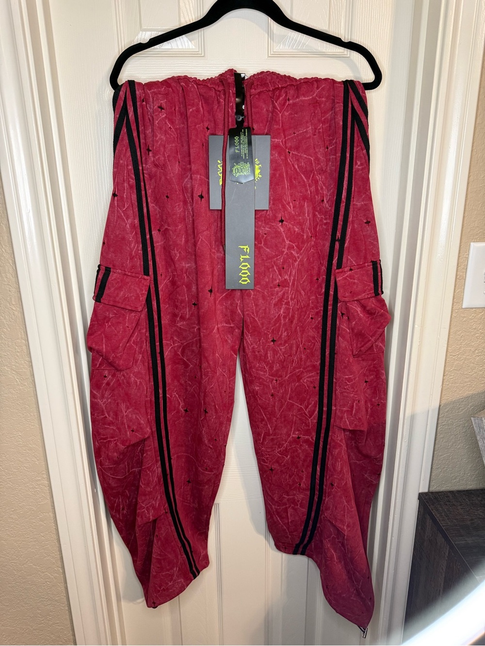 Flooo Streetwear Men's Red Cargo Track Pants with Black Stripe Details